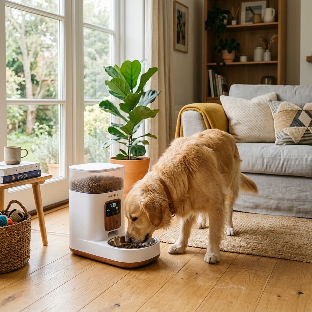 PetNexus feeder in a living room with a happy dog eating